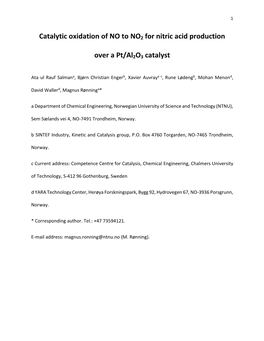 Catalytic Oxidation of NO to NO2 for Nitric Acid Production Over a Pt