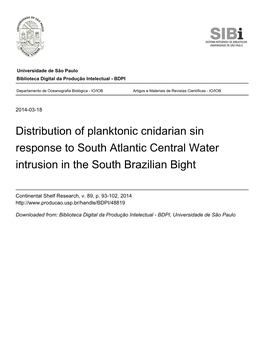 Distribution of Planktonic Cnidarian Sin Response to South Atlantic Central Water Intrusion in the South Brazilian Bight