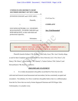 UNITED STATES DISTRICT COURT SOUTHERN DISTRICT of NEW YORK ------X JENNIFER ECKHART and CATHY AREU, : : Civil Case No.: Plaintiffs, : : V