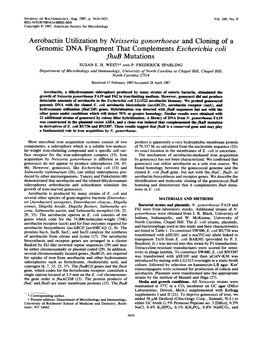 Aerobactin Utilization by Neisseria Gonorrhoeae and Cloning of a Genomic DNA Fragment That Complements Escherichia Coli Fhub Mutations SUSAN E