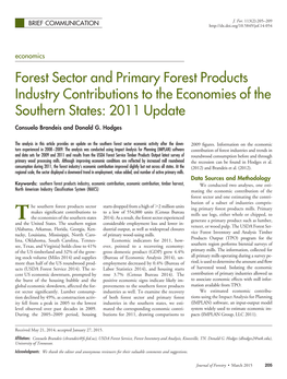 Forest Sector and Primary Forest Products Industry Contributions to the Economies of the Southern States: 2011 Update