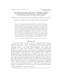 The Abundance and Mechanical Control of Icerya Purchasi (Maskell) (Hemiptera: Monophlebidae) on Mangifera Indica in Dhaka, Bangladesh