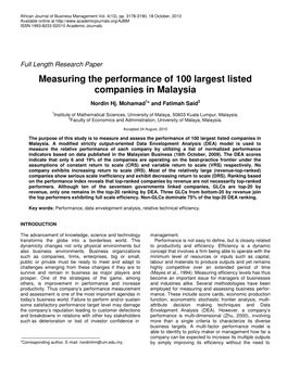 Measuring the Performance of 100 Largest Listed Companies in Malaysia