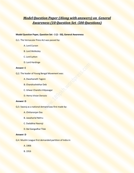 Model Question Paper (Along with Answers) on General Awareness (10 Question Set -500 Questions)