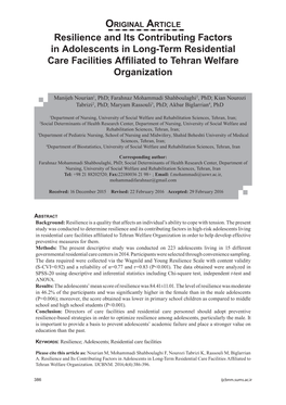 Resilience and Its Contributing Factors in Adolescents in Long-Term Residential Care Facilities Affiliated to Tehran Welfare Organization