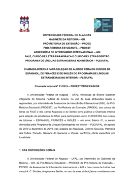 Chamada Interna Para Seleção De Alunos Para Os Cursos De Espanhol, De Francês E De Inglês Do Programa De Línguas Estrangeiras No Interior – Plei/Ufal