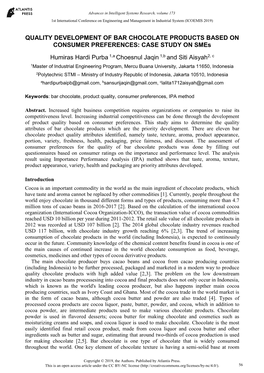 QUALITY DEVELOPMENT of BAR CHOCOLATE PRODUCTS BASED on CONSUMER PREFERENCES: CASE STUDY on Smes