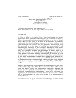 Man and Machine in the 1960S1 Sungook Hong University of Toronto Seoul National University