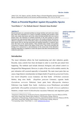 Plants As Potential Repellent Against Oryzaephilus Species