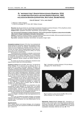 Hampson, 1914) Y El Geométrido Eupithecia Unitaria Herrich-Shäffer, 1852, Hallados En Aragón (Lepidoptera, Noctuidae, Geometridae