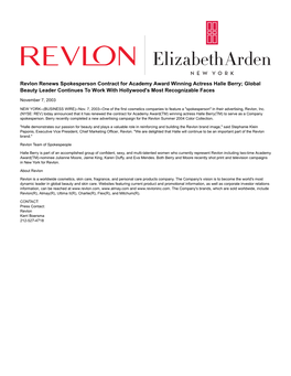 Revlon Renews Spokesperson Contract for Academy Award Winning Actress Halle Berry; Global Beauty Leader Continues to Work with Hollywood's Most Recognizable Faces