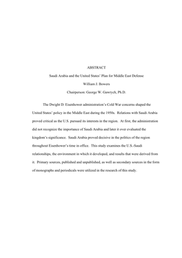 ABSTRACT Saudi Arabia and the United States' Plan for Middle East Defense William J. Bowers Chairperson: George W. Gawrych, Ph