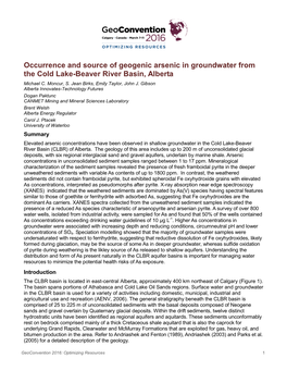 Occurrence and Source of Geogenic Arsenic in Groundwater from the Cold Lake-Beaver River Basin, Alberta Michael C