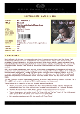 MARCH 20, 2006 ARTIST NAT KING COLE TITLE Stardust The