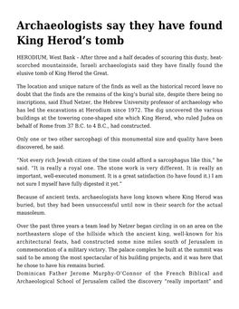 Archaeologists Say They Have Found King Herod's Tomb