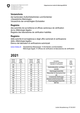 Verzeichnis Der Kantonalen Eichbehörden U. Eichämter