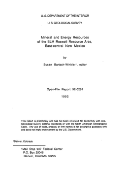 Mineral and Energy Resources of the BLM Roswell Resource Area, East-Central New Mexico