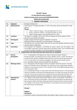 “SO EASY” Special on International Money Transfers (Without Having a Bank Account with KOMPANION BANK) TERMS and CONDITIONS 1