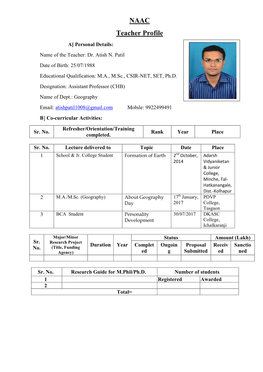NAAC Teacher Profile A] Personal Details: Name of the Teacher: Dr