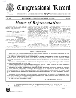 Congressional Record United States of America PROCEEDINGS and DEBATES of the 106Th CONGRESS, SECOND SESSION