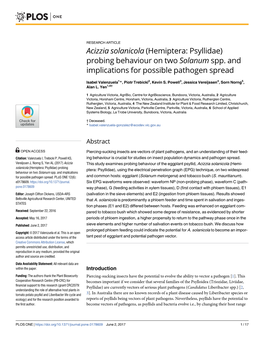 Acizzia Solanicola (Hemiptera: Psyllidae) Probing Behaviour on Two Solanum Spp