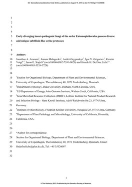 1 1 2 3 4 Early Diverging Insect-Pathogenic Fungi of the Order