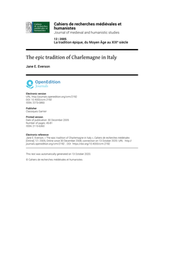 Cahiers De Recherches Médiévales Et Humanistes, 12 | 2005 the Epic Tradition of Charlemagne in Italy 2