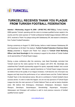 Turkcell Receives Thank You Plaque from Turkish Football Federation