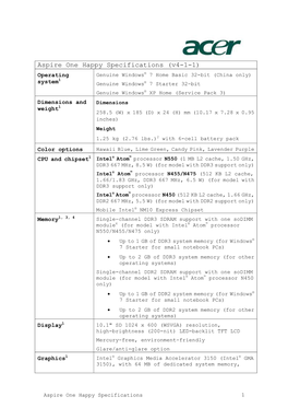 Aspire One Happy Specifications (V4-1-1)