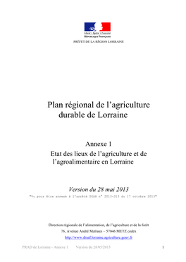 Plan Régional De L'agriculture Durable De Lorraine