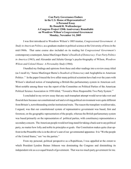 Can Party Governance Endure in the U.S. House of Representatives? a Personal Essay by Donald R