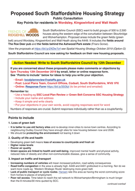 Proposed South Staffordshire Housing Strategy Public Consultation Key Points for Residents in Wordsley, Kingswinford and Wall Heath