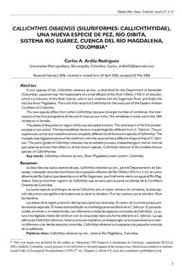 Callichthys Oibaensis (Siluriformes: Callichthyidae), Una Nueva Especie De Pez, Rio Oibita, Sistema Rio Suarez, Cuenca Del Rio Magdalena, Colombia*