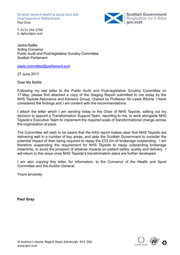 S Letter, for Information, to the Convenor of the Health and Sport Committee and the Auditor General