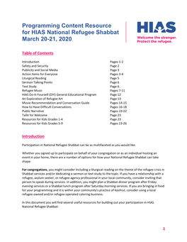 Programming Content Resource for HIAS National Refugee Shabbat March 20-21, 2020