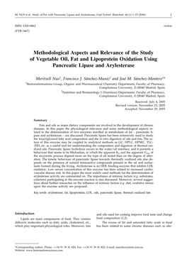 Methodological Aspects and Relevance of the Study of Vegetable Oil, Fat and Lipoprotein Oxidation Using Pancreatic Lipase and Arylesterase