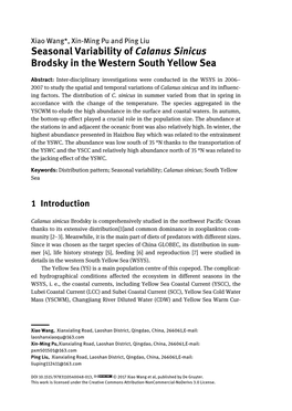 Seasonal Variability of Calanus Sinicus Brodsky in the Western South Yellow Sea