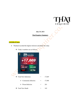 July 29, 2021 Thai Enquirer Summary COVID-19 News • Thailand