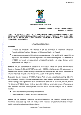 Sp 26 "Gavardo – Manerba" - Fascicolo 72/2020 Ordinanza Per La Regolamentazione Della Circolazione Dalla Prog.Va Km