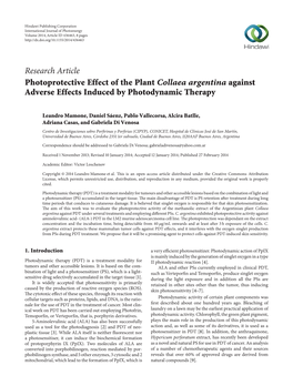 Research Article Photoprotective Effect of the Plant Collaea Argentina Against Adverse Effects Induced by Photodynamic Therapy