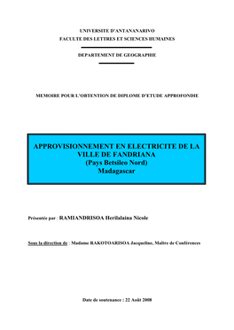 APPROVISIONNEMENT EN ELECTRICITE DE LA VILLE DE FANDRIANA (Pays Betsileo Nord) Madagascar