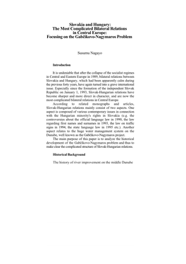 Slovakia and Hungary: the Most Complicated Bilateral Relations in Central Europe: Focusing on the Gabčíkovo-Nagymaros Problem