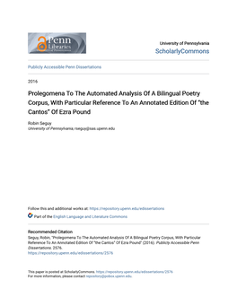 Prolegomena to the Automated Analysis of a Bilingual Poetry Corpus, with Particular Reference to an Annotated Edition of “The Cantos” of Ezra Pound