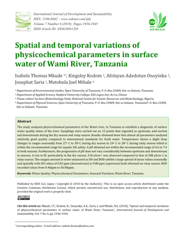 Spatial and Temporal Variations of Physicochemical Parameters in Surface Water of Wami River, Tanzania