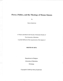 Power, Politics, and the Theology of Menno Simons