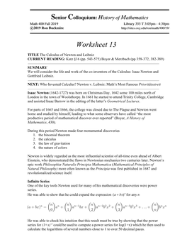The Calculus of Newton and Leibniz CURRENT READING: Katz §16 (Pp