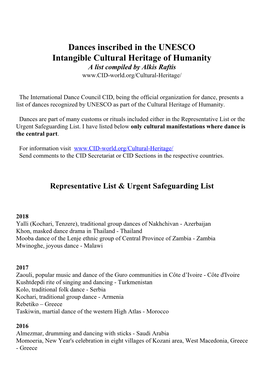 Dances Inscribed in the UNESCO Intangible Cultural Heritage of Humanity a List Compiled by Alkis Raftis