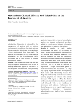 Mexazolam: Clinical Efﬁcacy and Tolerability in the Treatment of Anxiety