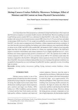 Shrimp Cassava Cracker Puffed by Microwave Technique: Effect of Moisture and Oil Content on Some Physical Characteristics