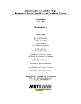 Increasing Bus Transit Ridership: Dynamics of Density, Land Use, and Population Growth